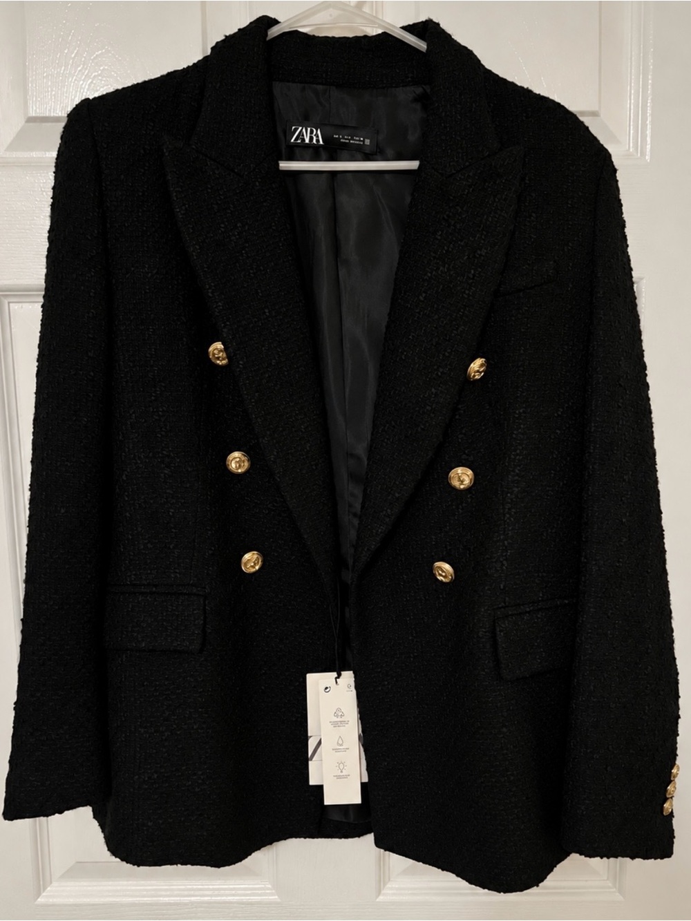 Zara Black Bouclé Double-Breasted Blazer with Gold Buttons